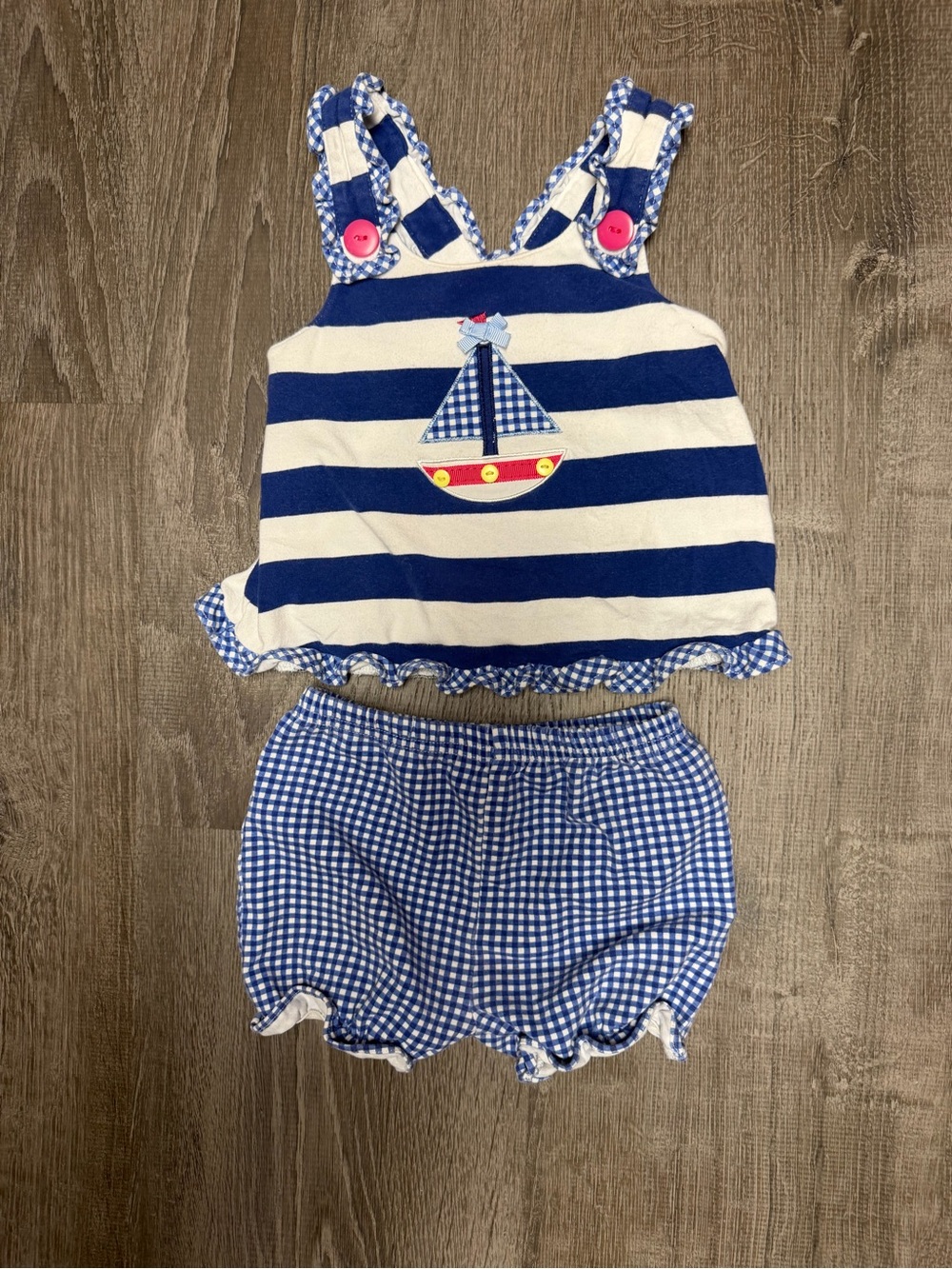 Le Top Navy and White Striped Sailboat Tank with Blue Gingham Shorts